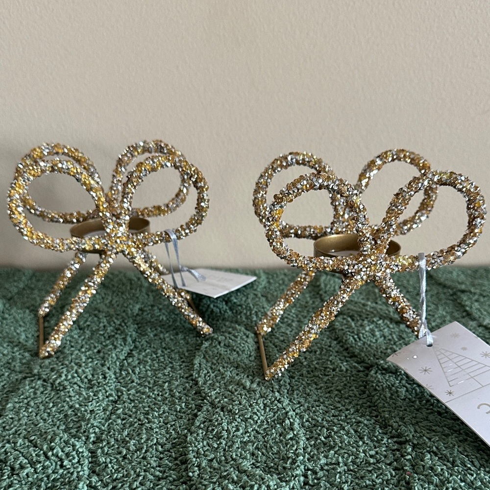 34th & Pine Holiday Christmas Candle Holders Gold & Silver Accents Bow NEW!